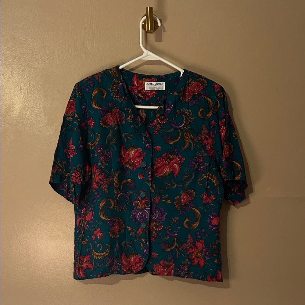 Vintage Alfred Dunner Women's Teal and Pink Floral Blouse